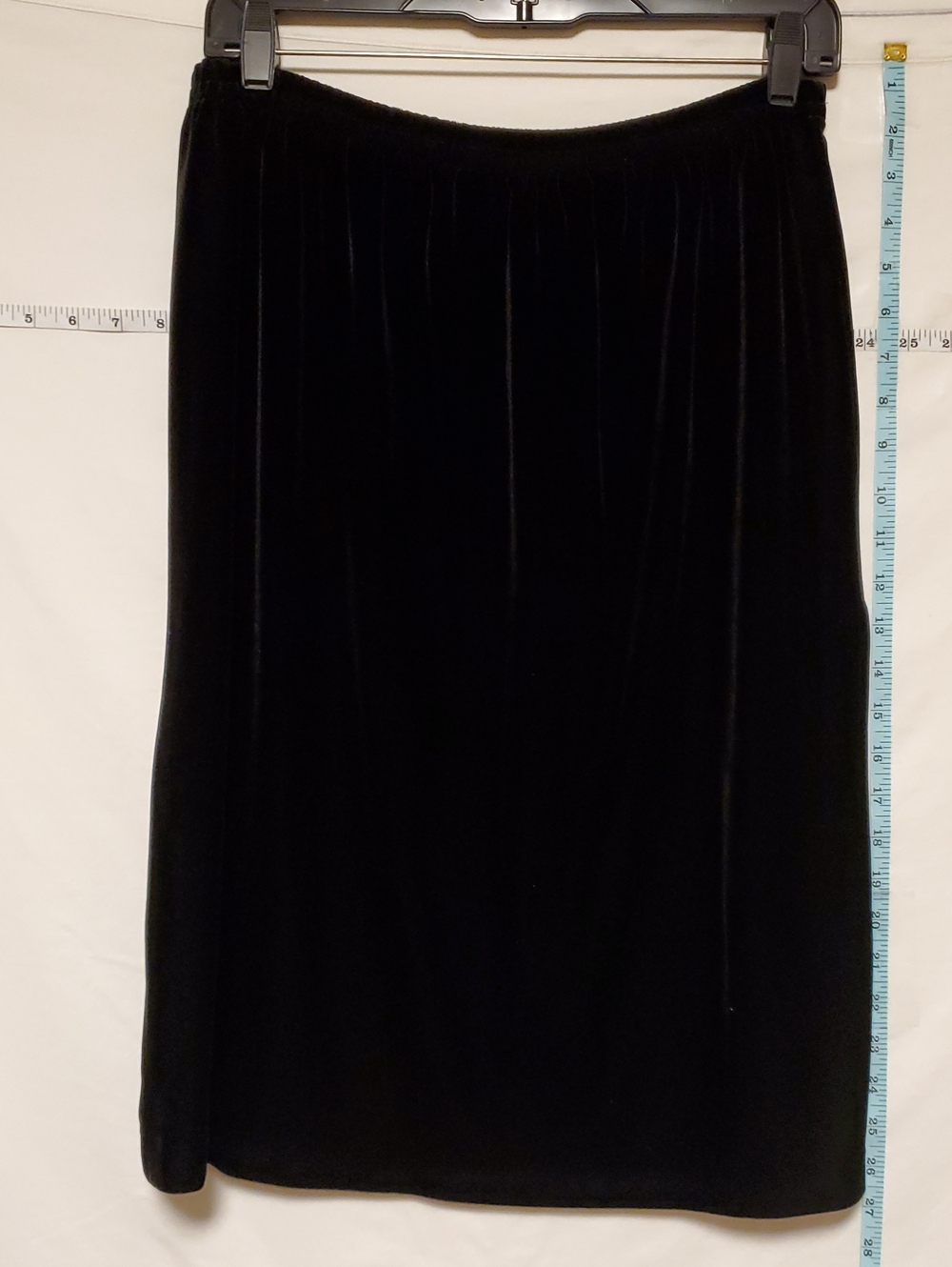 Vintage Black Velvet Pull On Midi Skirt Bottom Slit Sz 14 Witchy Dark Romantic